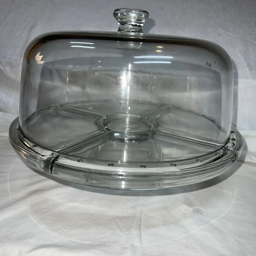 NIB Gallerie Glass Pedestal Cake‎ Plate W/ Dome Cover 4-in-1 Bowl, Divided Plate